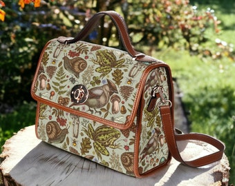 Magic Forest Satchel bag, Cottagecore Mushroom Frog Snail Purse, Canvas Witchy Purse, Goblincore Aesthetic Naturecore Boho Fairy Grunge Bag