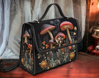 Boho FAUX-Embroidered Mushrooms Cottagecore Canvas Satchel bag, Boho Mushrooms Motif purse, Goblincore Handbag, Witchy Hippie Boho Purse