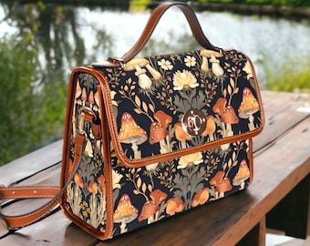 Boho Mushrooms Canvas Satchel, Boho Forestcore Dark Nature Goblincore purse, Boho Witchy Mushrooms Purse, Woodland Aesthetic Hippie Boho Bag