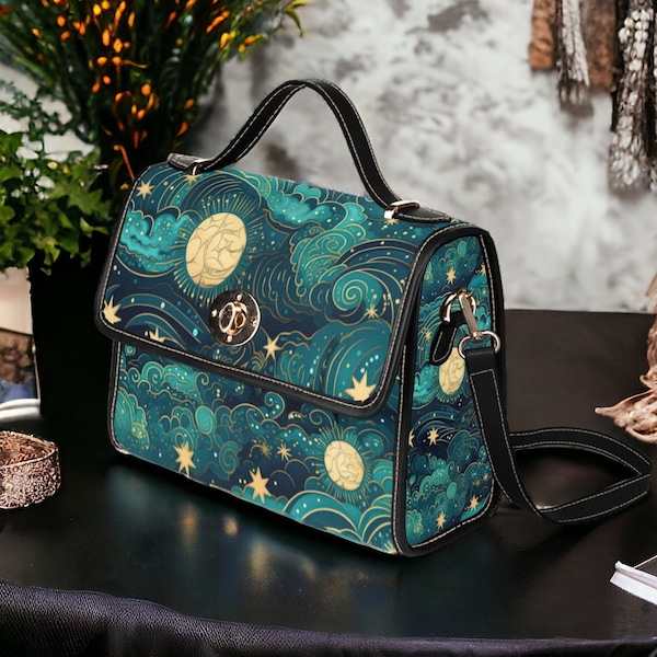 Boho Celestial Starry Night Sky and Moon Handbag, Boho Cottagecore Witchy Moon Satchel, Moon Stars HandBag, Dark Night Sky Hippie Boho Gift