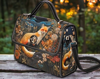 Faux-embroidered Fox and Floral Handbag, Boho Cottagecore Witchy
