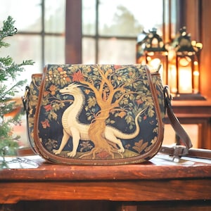 Medieval Woodland Dragon Saddle Bag, Boho Renaissance Dragon CrossBody handbag, Gremlincore Goblincore Purse, Ren Faire Dragon Aesthetic Bag