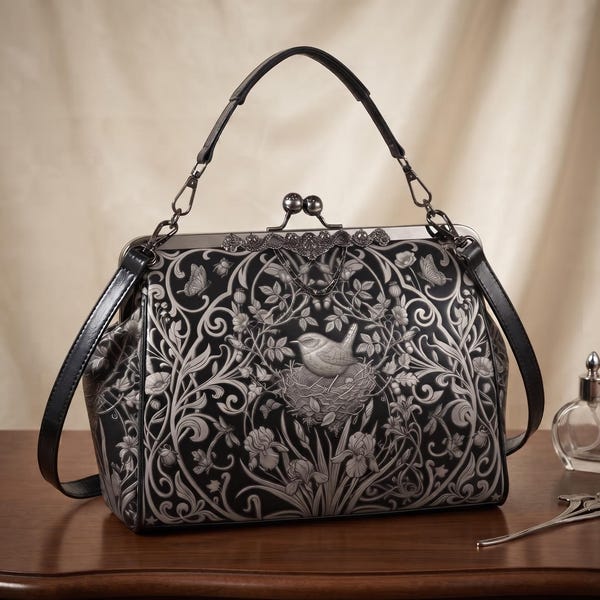 Zwarte en zilveren handtas met vogel in de tuin en kliksluiting, Art Nouveau bloemenhandtas, schoudertas of crossbodytas in vintage stijl, cottage gothic clutch