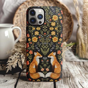 Cottagecore Foxes Tough phone case, Folk Art Foxes Phone case, many iPhone 16  samsung models, Storybook Fox Aesthetic Phone Case, Fox Girl