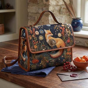 Faux-Embroidered Fox Floral Satchel: Vegan Leather Cottagecore Bag