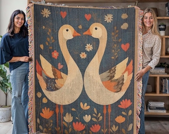 Rustic Folk Art Goose Cottagecore Throw, Boho Cottage Decor, Silly Goose Vintage Farmhouse Aesthetic Cozy Gift for Couples Goose Lover Gift