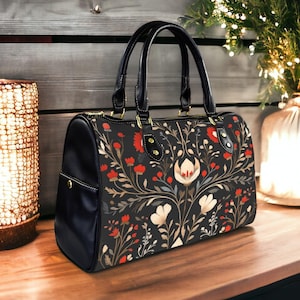 Boho KUNSTLEDER Stickerei Folk Art Vegan Leder City Handtasche, Dark Folk Floral Motiv Kunstleder Geldbörse Whimsigoth Folk Blumen Witchy Frau Tasche