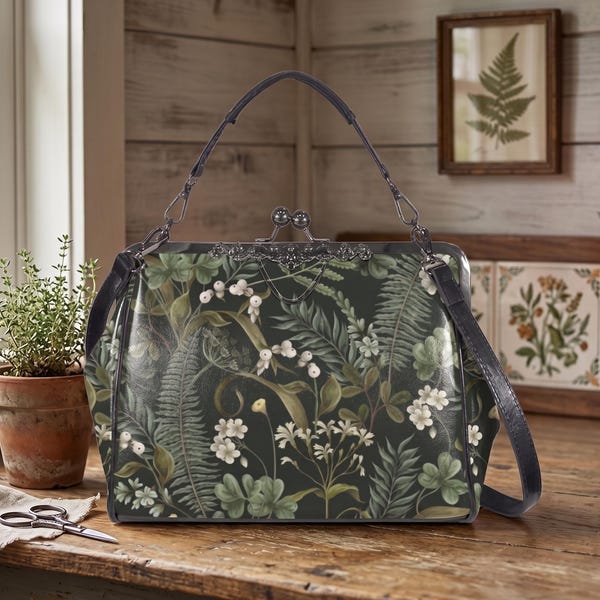 Botanische handtas met kliksluiting, groene handtas met bloemenprint, schoudertas met varenmotief in cottagecore-stijl, tuintas in vintage-stijl