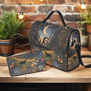 Sac à main et pochette simili-broderie Meadown Moon, fleur de chat noir, coffret cadeau Boho Cottagecore Witchy Cat, chat fantaisiste, hippie bohème