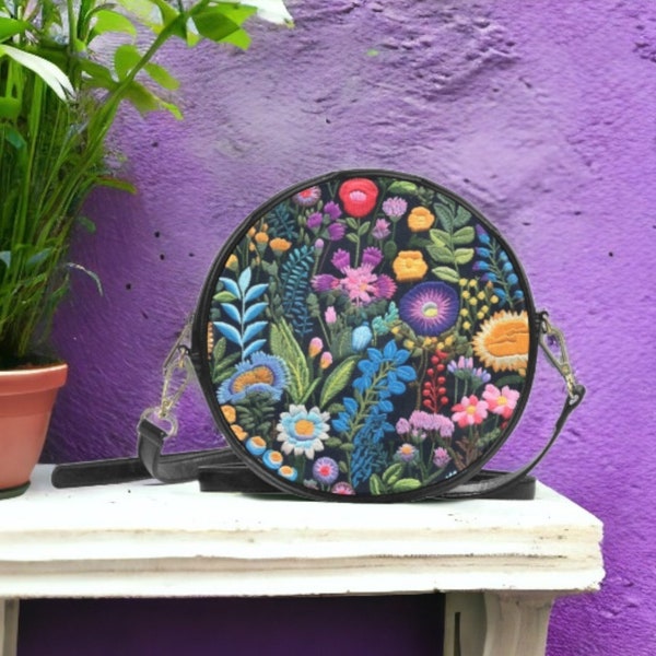 FAUX-embroidered Dark Flowers Round Cross-body Vegan Leather Handbag, Whimsigoth Dark Floral Purse, Dark Cottagecore, Bright Bold Floral Bag