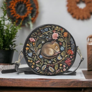 Faux-Embroidered Dormouse & Flowers Vegan Leather Cross body Purse, Boho Cottagecore Dormouse Handbag, Fairycore Forestcore Dormouse Handbag
