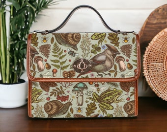 Bolso tipo cartera Magic Forest, bolso Cottagecore con diseño de rana y caracol con diseño de hongo, bolso de lona de bruja, bolso Goblincore Aesthetic Naturecore Boho Fairy Grunge