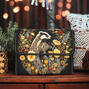 Faux-Embroidered Badger & Woodland Floral Satchel, Dark Cottagecore Badger purse, Forestcore Badger Dark Floral Garden Boho Witchy Handbag