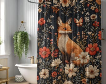 May include: A shower curtain featuring a fox sitting in a field of flowers. The fox is orange and white, and the flowers are red, white, and yellow. The background is dark blue.