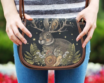 Celestial Year of the Rabbit Witchy Dark Forest Saddle Style Cross-body purse, Forestcore Purse, Dark Nature Bag, Forest Witch Ostara Purse