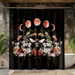 Celestial Bee Shower Curtain Bath Mat, Dark Cottagecore Bathroom Decor, Dark Nature Decor, Witchy Bathroom Decor, Cottage Goth Bath Decor