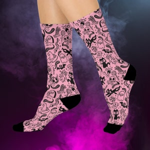 Pink Spoopy Socks Pastel Goth Socks Pink Spooky Cute Bats Cats Boo Socks Creepy Cute Socks Cute Goth Girl Accessories Kawaii Goth Clothing