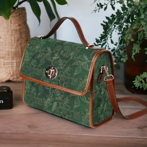 Boho Cottagecore Witchy Canvas Satchel bag, Gold Botanical Emerald Green purse, Canvas & Vegan Leather Floral Handbag, Boho Hippie Satchel