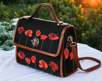 Bolso Cottagecore Witchy Canvas Satchel, bolso de flores de amapolas individuales, bolso de lona y amapolas rojas de cuero vegano, bolso de bruja floral boho