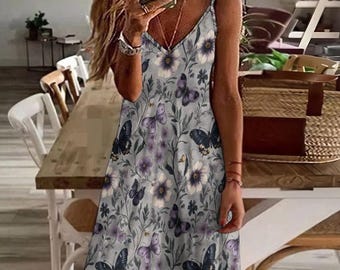 Gothic Butterfly Maxi Dress – Dark Floral Boho Dress with Butterflies, Witchy Summer V-Neck Gown, Cottage Goth Fairycore Look, Witchy Hippie