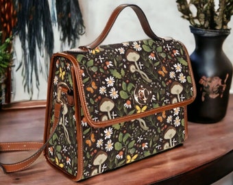 Bolso satchel de lona de bruja, bolso de cuerpo cruzado Forestcore Witchcore, bolso de bruja de lona, bolso boho de setas goblincore místicas