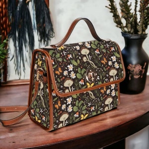 Witch Canvas Satchel bag, Forestcore Witchcore Cross Body purse, Canvas Witch Handbag, Mystical Goblincore Toadstools Mushrooms Boho Purse
