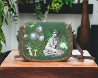 Boho Fairy Grunge Saddle Bag Purse, Fairycore Crossbody Purse, Boho Green Witch Purse, Vintage Absinthe Fairy Handbag, Forest Fairy Purse