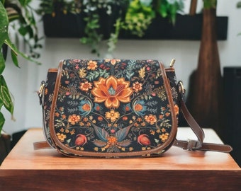 Cottagecore FAUX Embroidery Floral Folk Art Saddle Bag Cross-Body Purse, Boho Witchy Floral Handbag, Boho Hippie Floral Motif Witchy Handbag