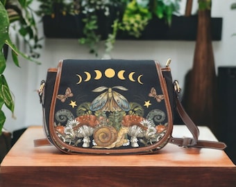 Häxig sadelväska, Faecore Goblincore Witchcore axelväska, häxväska i kanvas, mystisk skogskärna med svamp Boho Hippie-väska
