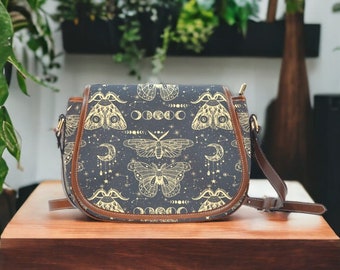 Celestial Moths Saddle bag, Dark Cottagecore Witchcore Cross Body purse, Mystical Moth & Butterflies Handbag, Boho Hippie Witch Purse
