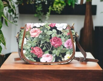 Vintage Pink Blush Roses Floral Cross-Body Saddle Bag, Boho Cottagecore Roses Handbag, Whimsigoth Roses Purse, Witchy Hippie Saddle Bag