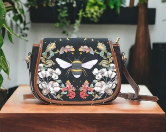Celestial Bee & Fall Flowers Cross-Body Saddle Bag, Cottagecore Boho Bee Handbag, Dark Cottage Mystical Bee Purse, Witchy Hippie Saddle Bag