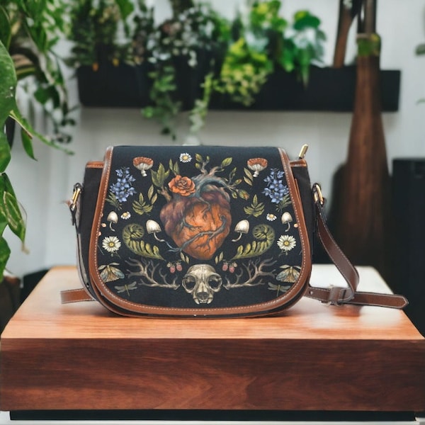 Sac de selle en toile Goblincore, sac à main Dark Cottagecore Witchcore Cross Body, sac à main en toile Naturecore, sac à main Mystical Forestcore Boho Witch Purse