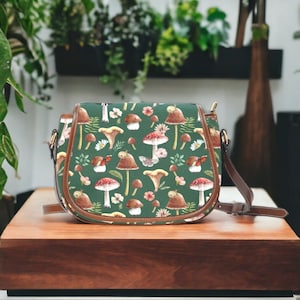 Cottagecore Mushrooms Canvas Saddle bag, Dark Cottagecore Witchcore Cross Body purse, Canvas Goblincore Handbag, Forestcore Boho Witch Purse
