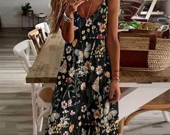 Boho Butterfly Meadow Wildflowers Print Maxi Dress, Witchy Summer Dress, Cottagecore Aesthetic, Festival Wear, Hippie Witch Faecore Dress