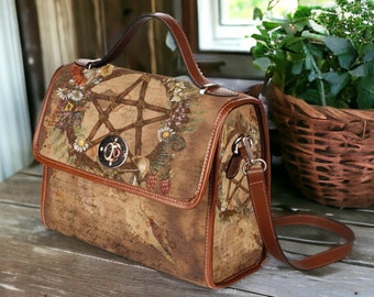 Witch Canvas Satchel Bag, Faecore Goblincore Witchcore Cross Body Bag, Canvas Witch Handbag, Mystical Forestcore Pentagram Boho Hippie Purse