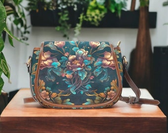 Boho Dark Floral Saddle Bag Cross-Body Purse, Dark Cottagecore Handbag, Garden Witch Handbag, Dark Garden Floral Purse, Hippie Witch Purse
