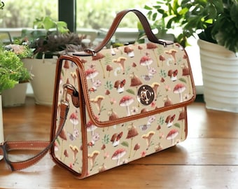 Bolso Satchel de lona de bruja, bolso de cuerpo cruzado Forestcore Mushrooms, bolso de bruja de lona, bolso Goblincore Toadstools Naturecore Boho Hippies