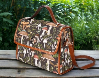 Cottagecore Mushrooms Canvas Satchel bag, Dark Forest Mushrooms Goblincore purse, Boho Witchy Mushrooms Purse, Fairy Grunge Hippies Boho Bag