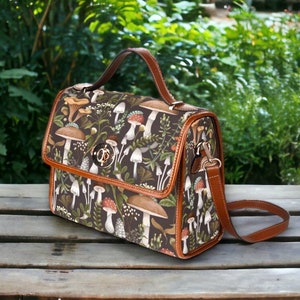 Cottagecore Mushrooms Canvas Satchel bag, Dark Forest Mushrooms Goblincore sac à main, Boho Witchy Mushrooms Purse, Fairy Grunge Hippies Boho Bag
