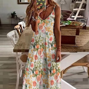 Vintage Hummingbird Maxi Dress – Cottagecore Boho Summer Dress with Birds, Fruit & Floral Print, Hippie Witchy Nature Girl Ankle Sundress