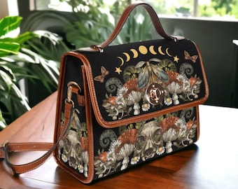 Witch Canvas Satchel Bag, Faecore Goblincore Witchcore Cross Body Bag, Canvas Witch Handbag, Mystical Forestcore Mushroom Boho Hippie Purse