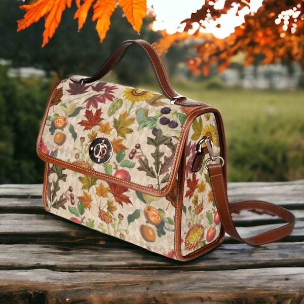 Autumn Cottagecore Boho Canvas Satchel bag, Vintage Fall Leaves and Flowers Boho monedero, Witchy Autumn Colors Garden Motif Hippies Boho Purse