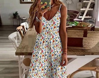 Boho Faux-embroidered floral Cottagecore Long Sling Dress, Floral Maxi Dress, Cottage Floral Dress, Boho Summer Garden Hippie Maxi Dress