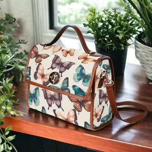 Boho Butterflies Canvas Satchel bag, Boho Watercolor Butterflies Bag, Canvas - Vegan Leather Cottagecore Sac à main Boho Witchy Hippy Satchel