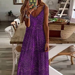 Purple and Gold Stars Fairy Maxi Dress, Whimsical Stars Print Maxi Dress, Fairycore Aesthetic y2k summer ankle length dress, Celestial Dress
