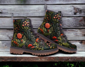 Dark Cottagecore Faux Embroidery Flowers Combat Boots, Vegan Floral Boots, Boho Flowers Chunky Boot, Goblincore Forestcore Fairy Grunge Boot
