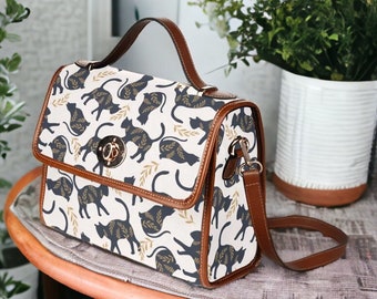 Boho Cottagecore Witchy Canvas Satchel bag, Boho Cats Motif purse, Canvas & Vegan Leather Cat Lady Handbag Boho Witchcore Cat Satchel