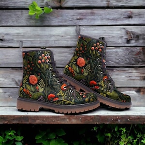 Dark Cottagecore Faux Embroidery Flowers Combat Boots, Vegan Floral Boots, Boho Flowers Chunky Boot, Goblincore Forestcore Fairy Grunge Boot