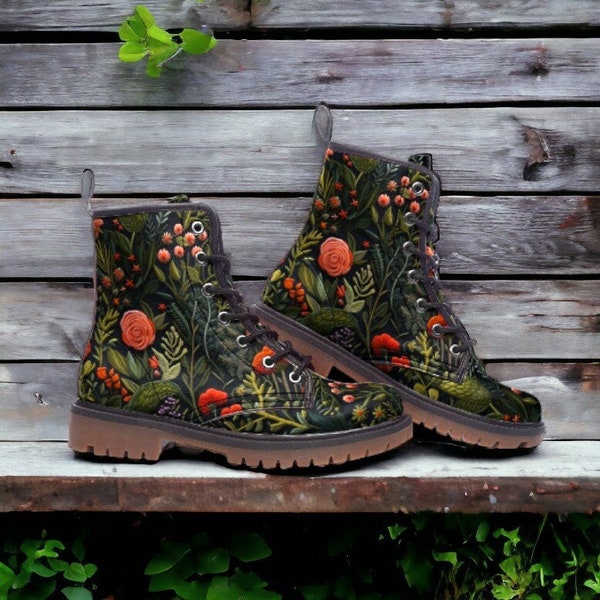 Dark Cottagecore Faux Embroidery Flowers Combat Boots, Vegan Floral Boots, Boho Flowers Chunky Boot, Goblincore Forestcore Fairy Grunge Boot